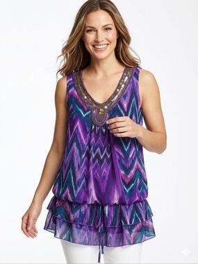 Dreessbarn Vibrant Purple Sleeveless Blouse With Embellished V-neck